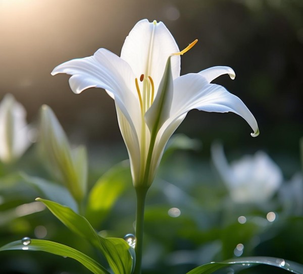 诗意瞬间，一枝花的纯洁绽放,一枝百合花，绽放的纯洁与美好——探寻鲜花图片中的诗意瞬间,宁静,绿意盎然,第1张